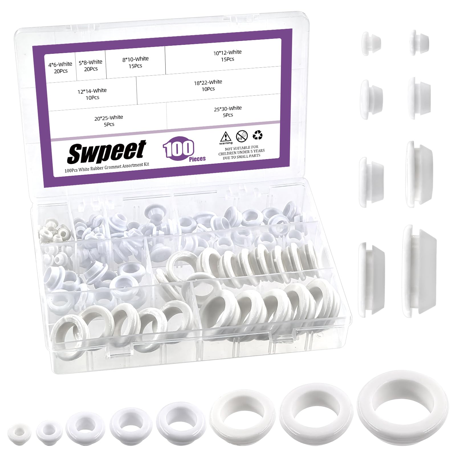 Swpeet 100Pcs White Rubber Grommet Assortment Kit, 8 Sizes Eyelet Ring Gasket
