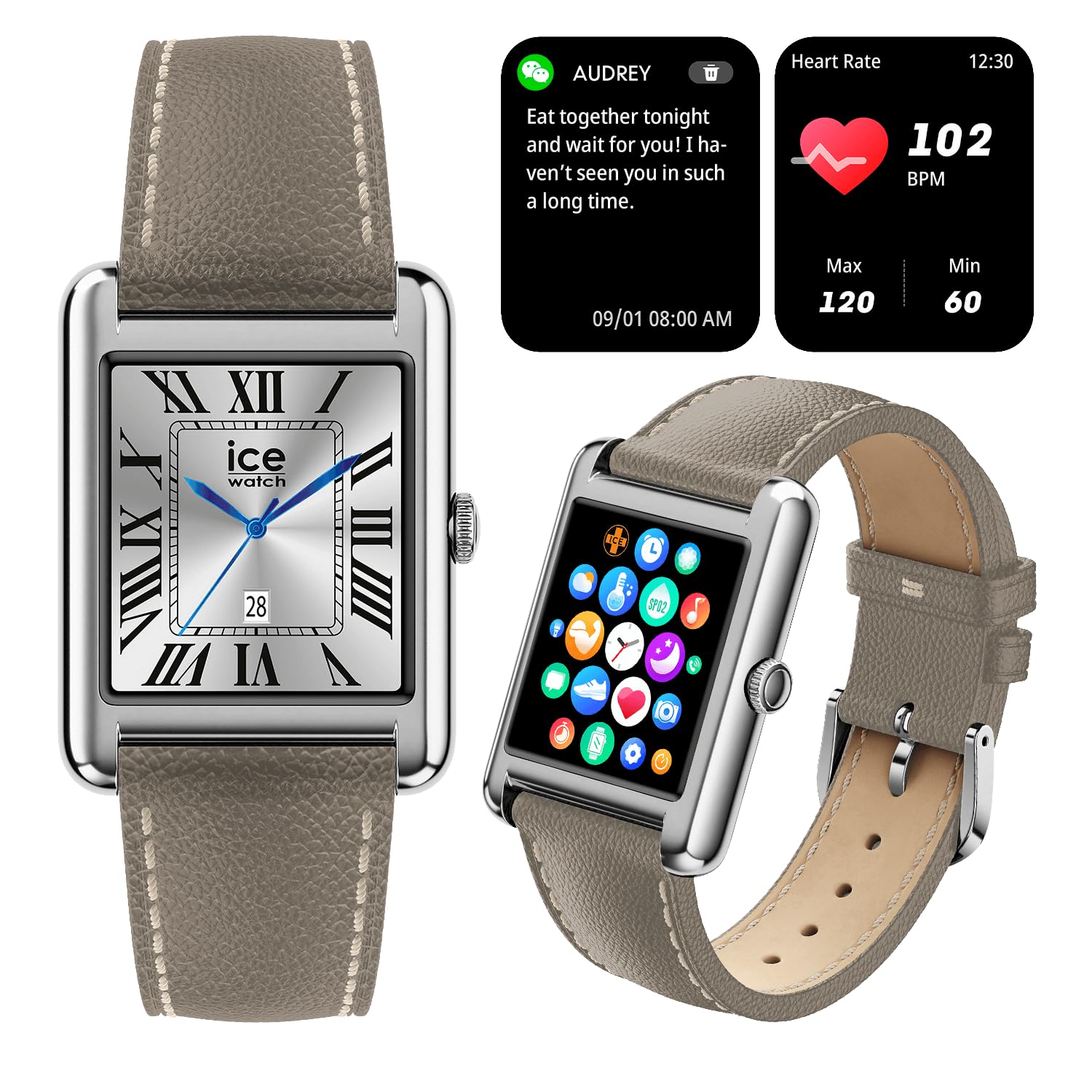 ICE-WATCH - Ice Smart TKS 2.0 Silver Grey Grain - Montre connectée Argent pour Femme avec Bracelet en Cuir - 025621 (1.41 Pouces / 32mm) - Smartwatch, Suivi des activités physiques et de la santé