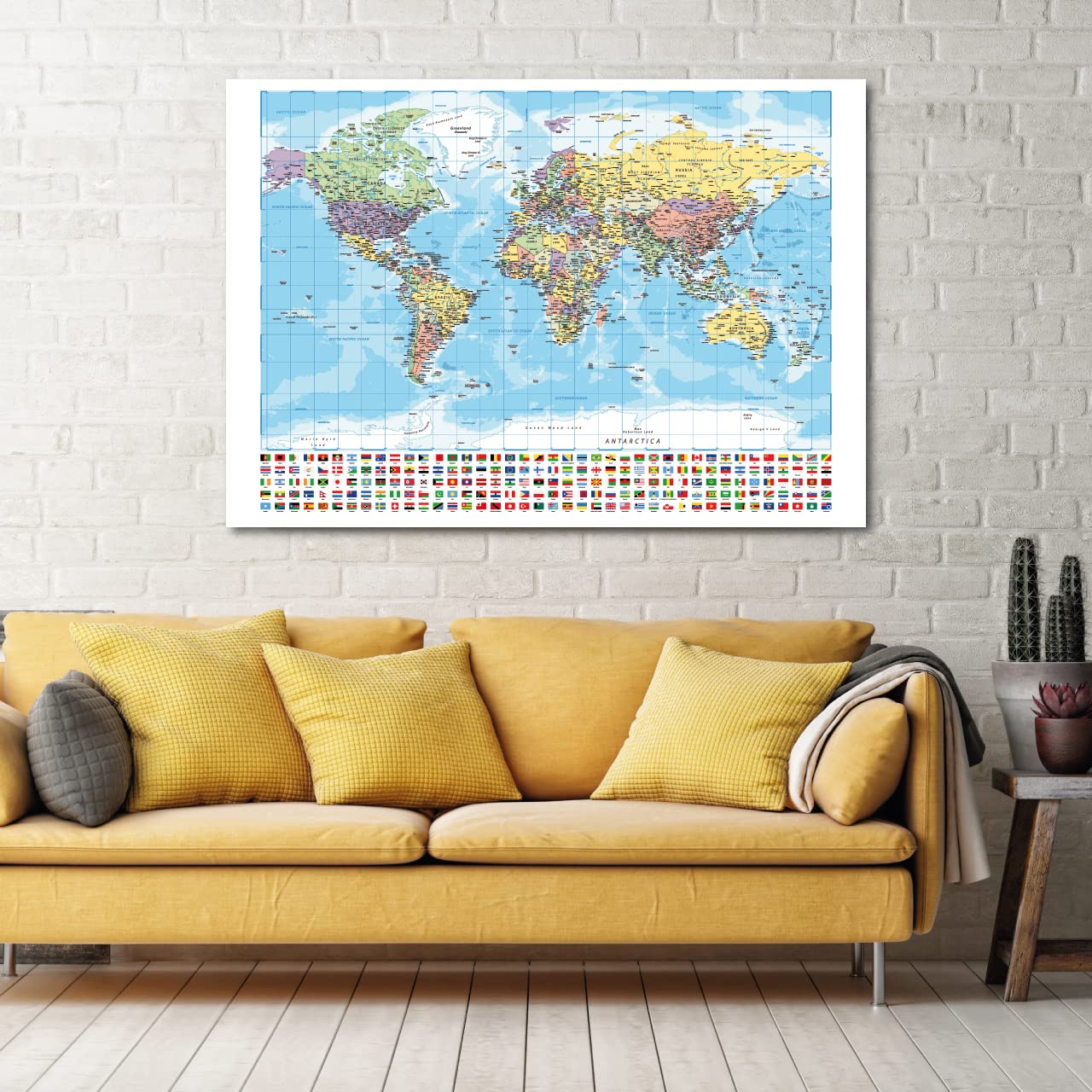 LABORATORIO 102 Quadro su Tela Mappamondo 70x100cm Mappa Mondo Cartina Bandiere - Stampa da Parete con Telaio Premium 2 cm Legno Abete - Massima Qualità di Stampa - Quadro Moderno Pronto da appendere