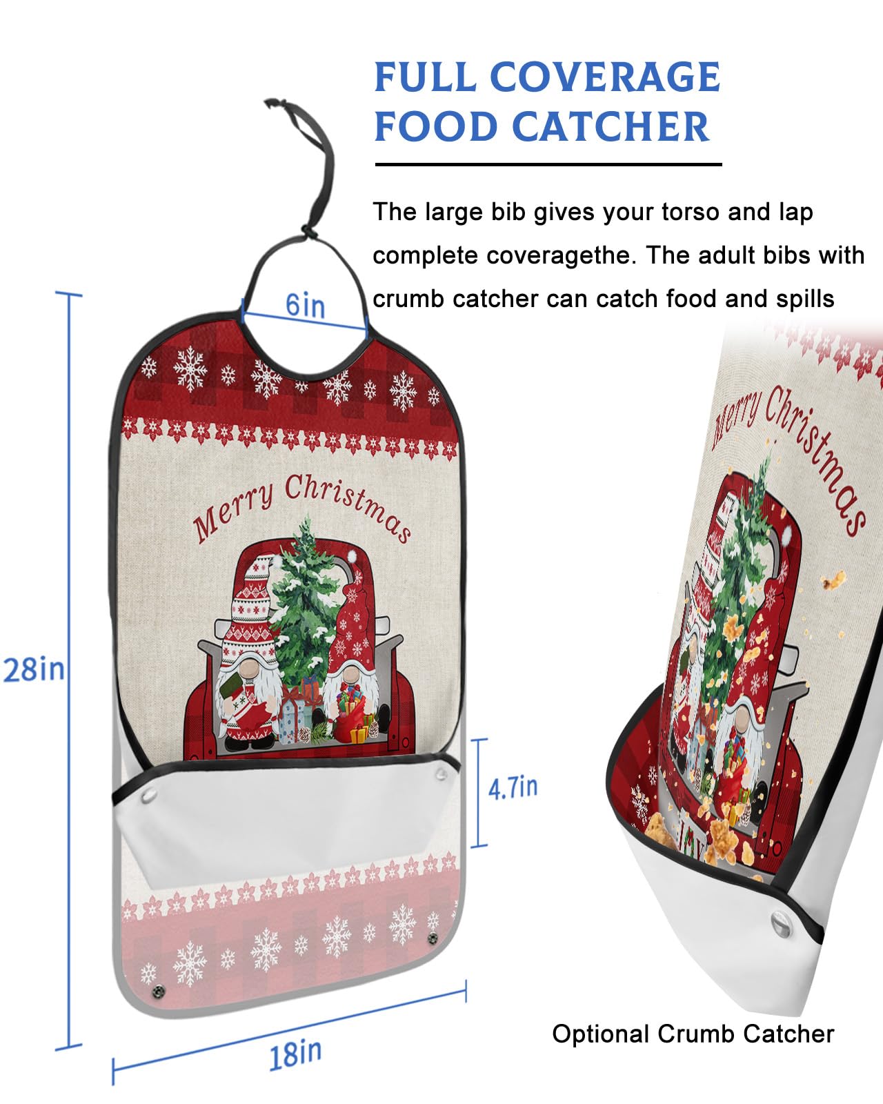 Christmas Truck Adult Bibs for Eating, Waterproof Bibs with Food Catcher & Adjustable Snap Closure, Red Plaid Winter Snowflake Gnomes Xmas Tree Clothing Protectors Adult Bibs for Elderly Women/Men