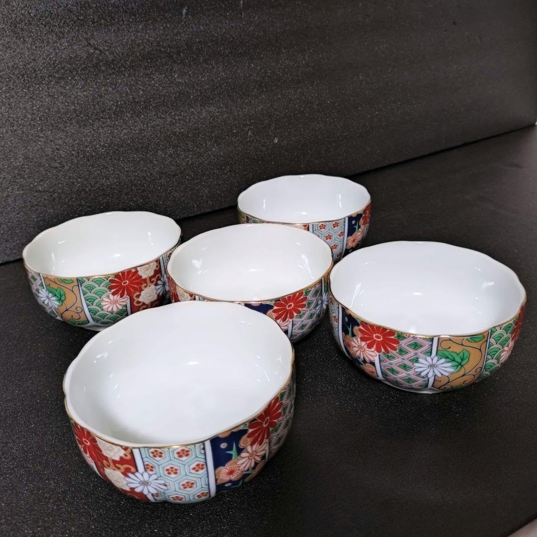 Amazon.co.jp: 有田焼 陶扇 中鉢5点セット 5枚 菊割皿 錦絵 赤絵 金彩 