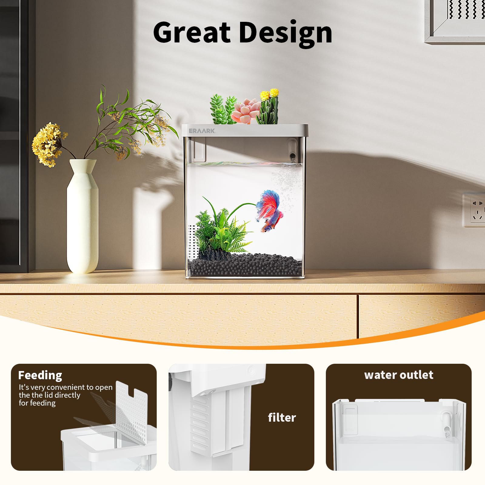 Kit de acuario pequeño de 1.5 galones Betta con filtro de bomba de agua silenciosa, luz LED, pecera