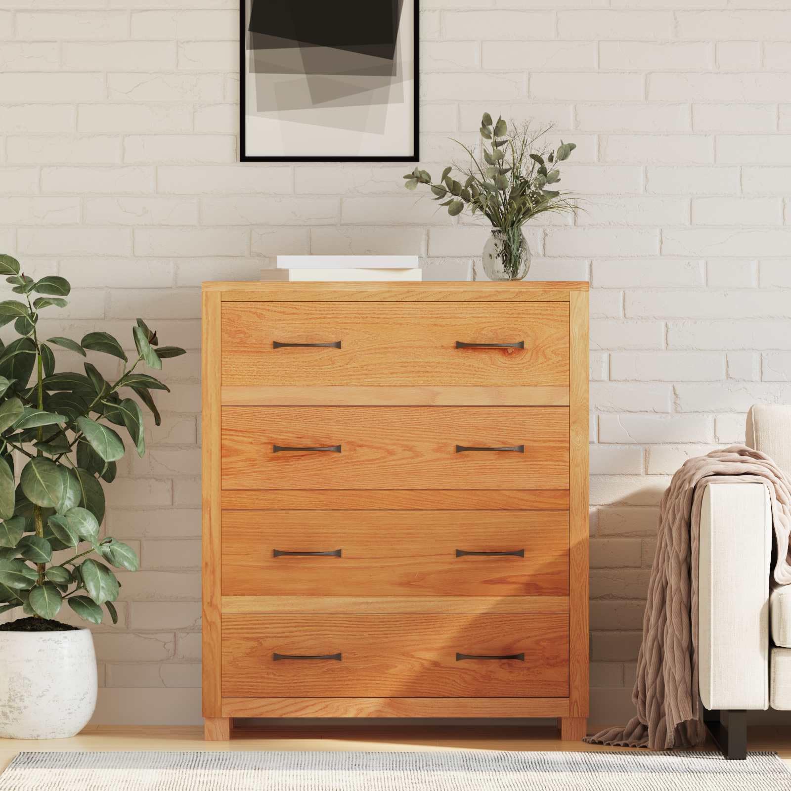 Schrank mit Stauraum aus massivem Eichenholz braun 80 x 35 x 95 cm mit 4 Schubladen und Anti-Kipp-Vorrichtung für Wohnzimmer Schlafzimmer Flur vielseitige Aufbewahrung