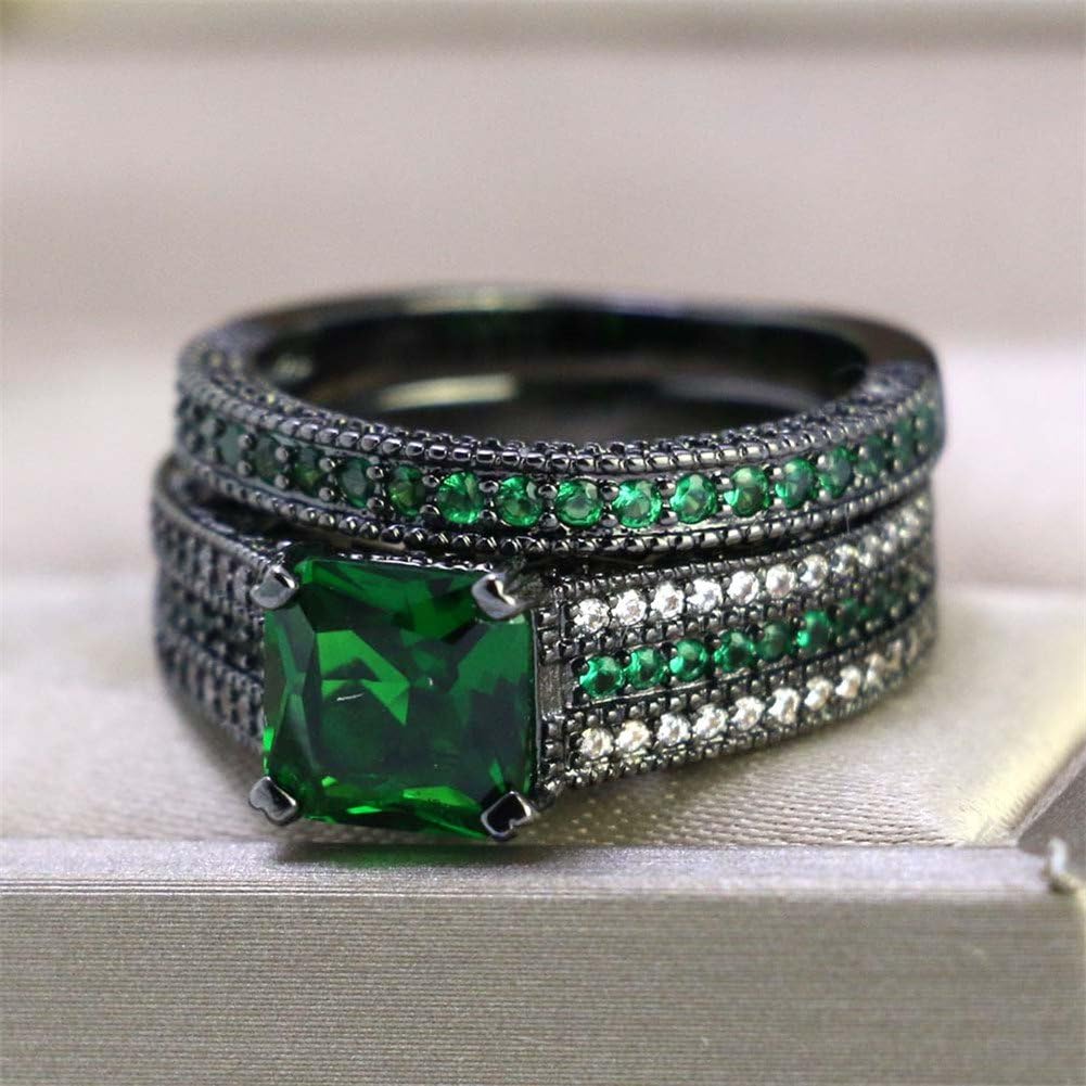 IOU 3pc Two Rings His Hers Wedding Ring Sets Couples Rings Women's Black Gold Plated Green CZ Wedding Engagement Ring Bridal Sets Men's Titanium Wedding Band