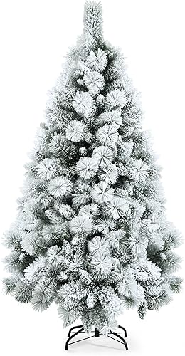 COSTWAY Árbol de Navidad artificial delgado con bisagras flocado de nieve de 5 pies con agujas de pino