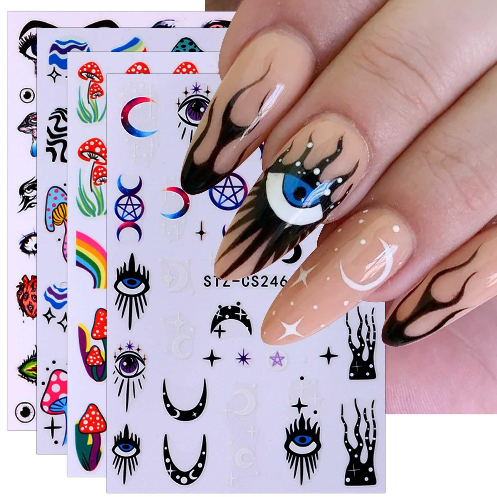JMEOWIO 10 Sheets Moon Star Evil Eyes Nail Art Stickers Decals Self-Adhesive Colorful Nail Supplies Nail Art Design Decoration Accessories