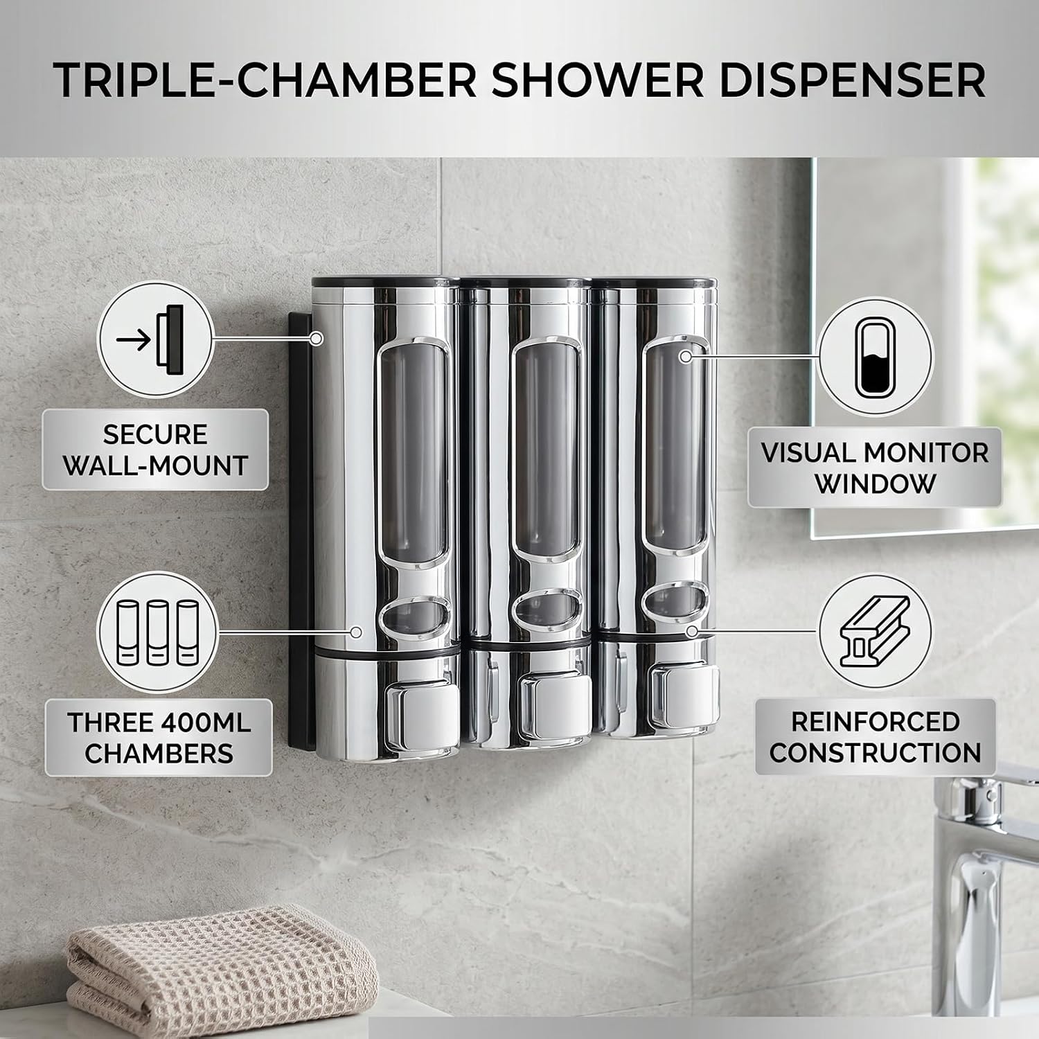 Fafeicy 3 Chamber Shower Dispenser Large Capacity Refillable Wall Mounted Shampoo Conditioner Dispenser for Bathroom Hotel Family (Electroplated)