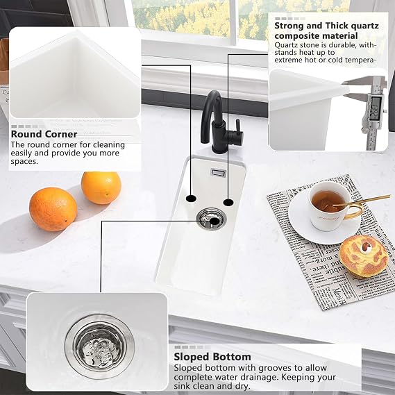 Quartz Kitchen Sink, 25x45cm/10x18in, Composite Inset/Undermount Kitchen Small White Sink Waste Kit,Single Bowl Commercial with Overflow, Suitable for Workstation