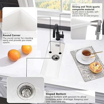 Quartz Kitchen Sink, 25x45cm/10x18in, Composite Inset/Undermount Kitchen Small White Sink Waste Kit,Single Bowl Commercial with Overflow, Suitable for Workstation