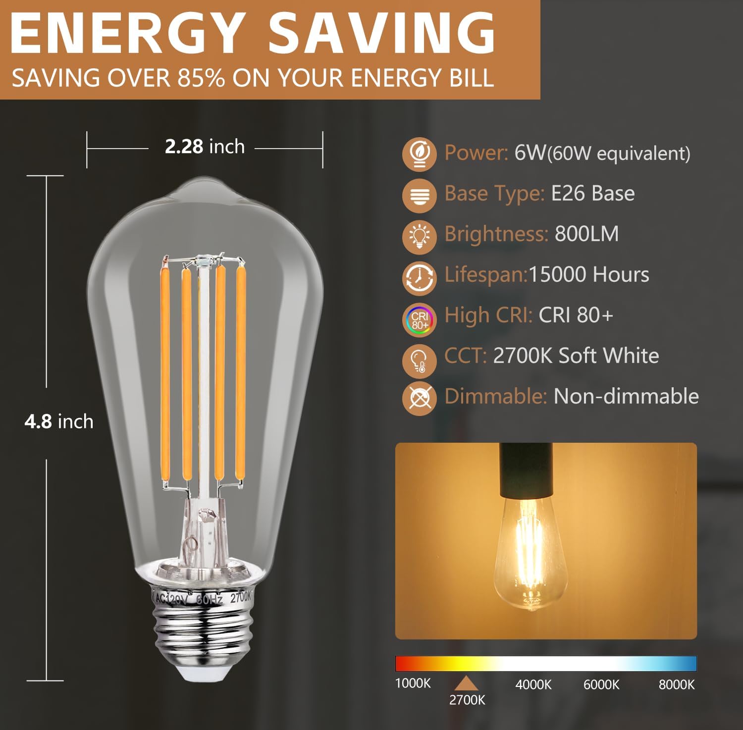 4 Pack Vintage LED Edison Bulbs, 6W Equivalent 60W, Non-Dimmable, Warm White 2700K, 800Lumens, ST58 Antique LED Filament Bulbs with 80+ CRI, E26 Base Shatterproof Clear Plastic Light Bulb.