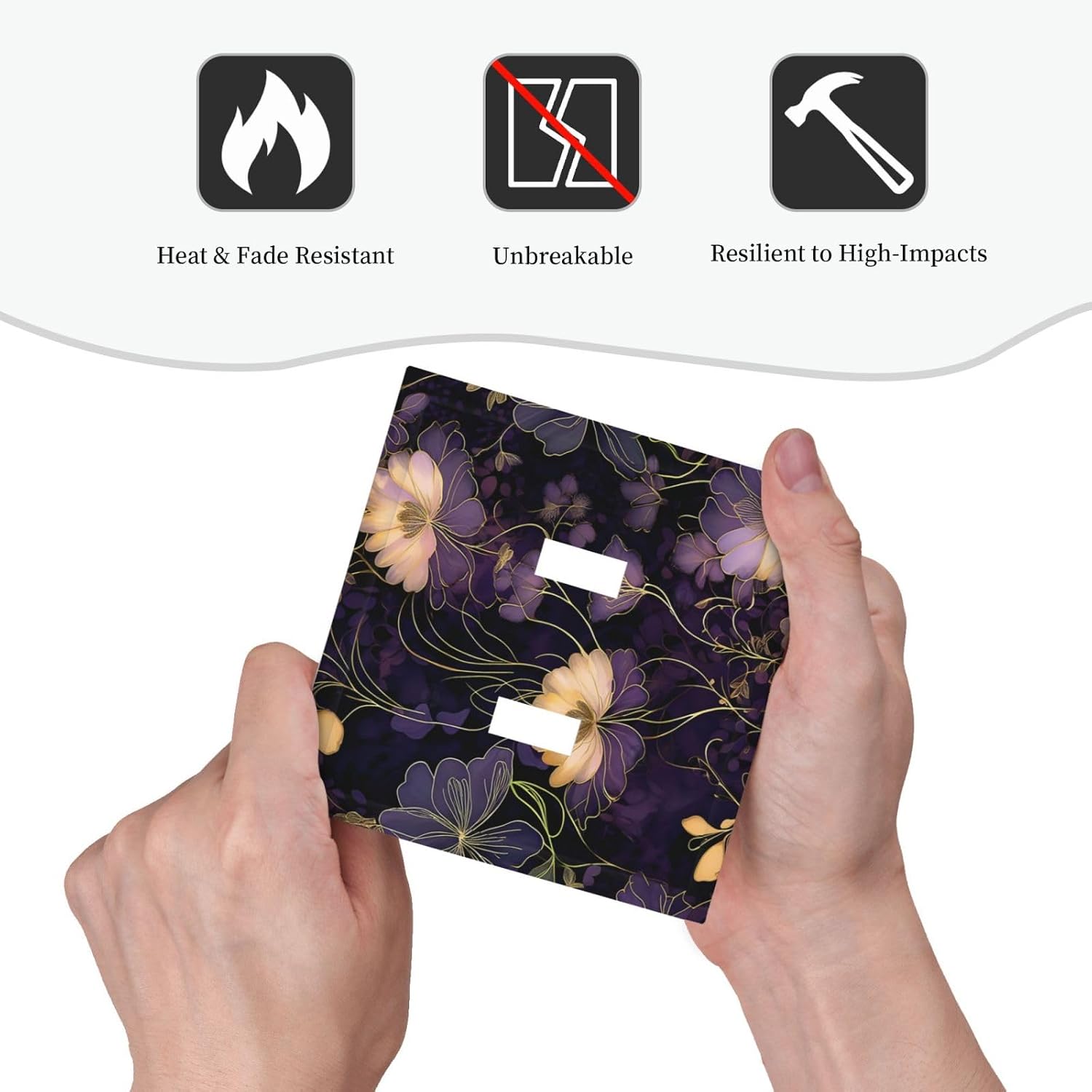 Modern Boho Vintage Gold Purple Dark Floral Modern Abstract Flowers Decorative Switch Plates 2 Gang Double Toggle Wall Plate Electrical Faceplate Outlet Light Switch Cover for Bedroom Living Room