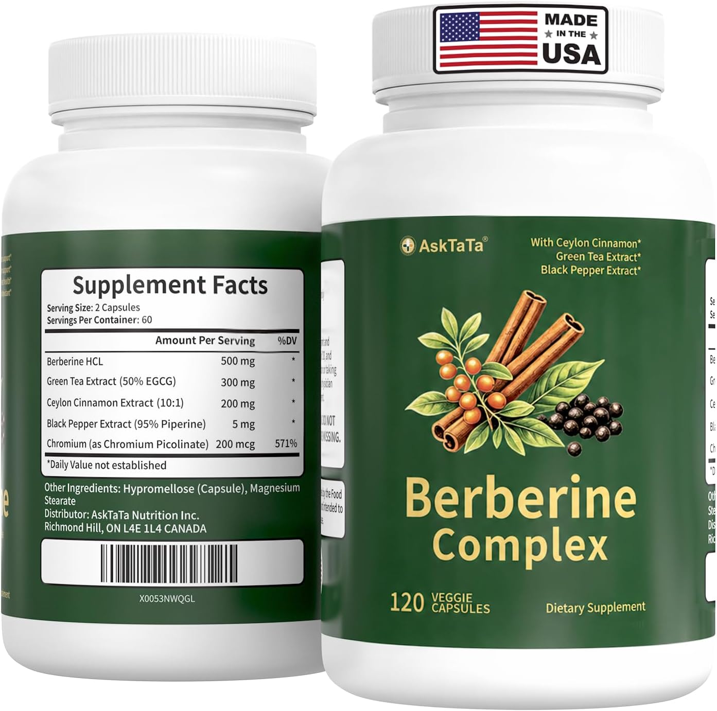 Berberine Complex Supplement with Ceylon Cinnamon,Green Tea Extract,Black Pepper Extract,Chromium Picolinate,Natural Herbal Complex,120 Capsules