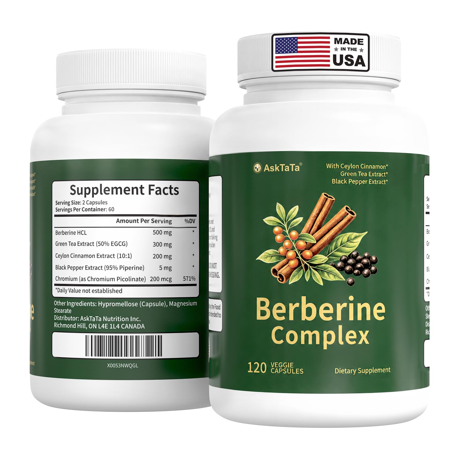 Berberine Complex Supplement with Ceylon Cinnamon,Green Tea Extract,Black Pepper Extract,Chromium Picolinate,Natural Herbal Complex,120 Capsules