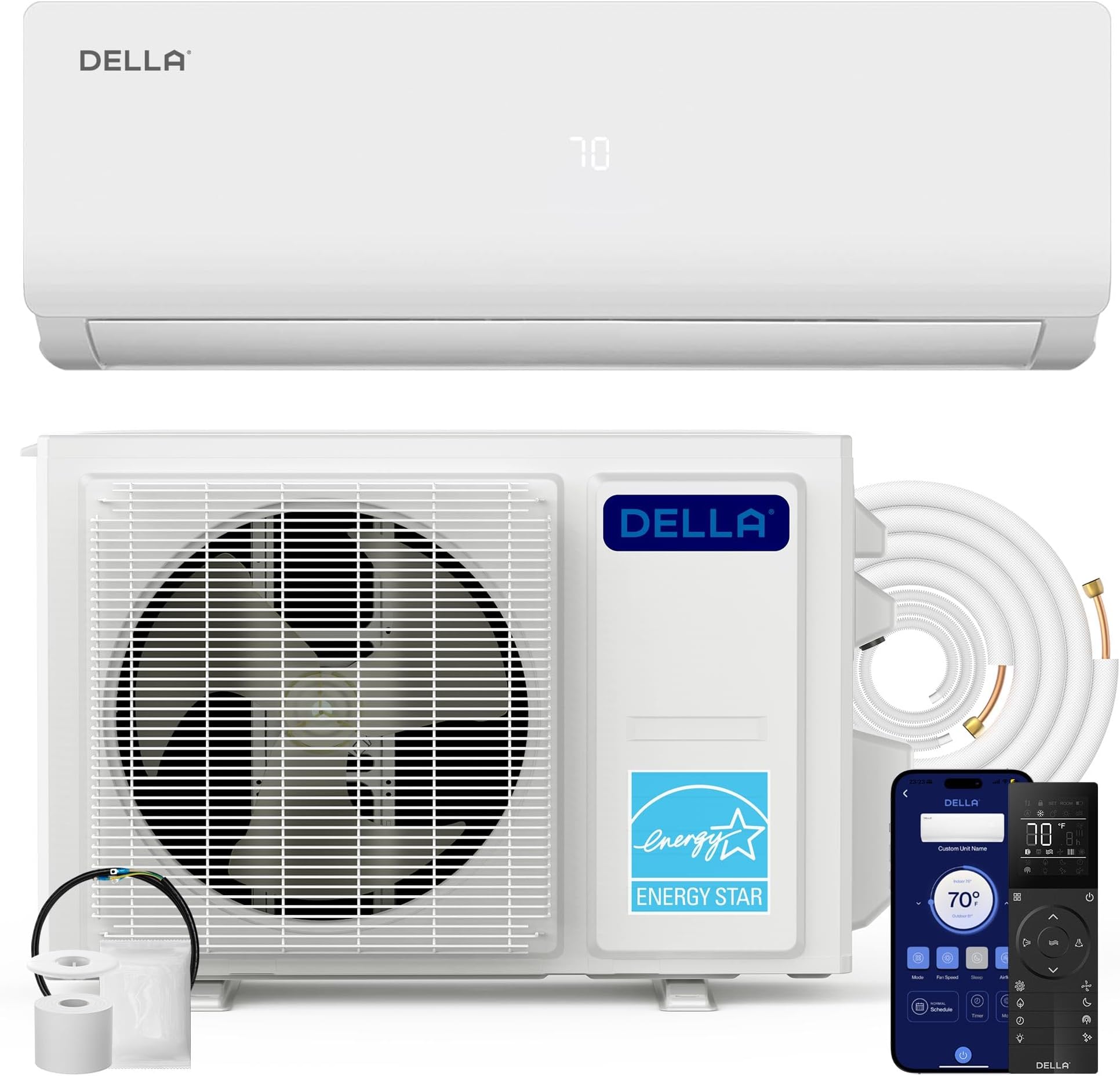 DELLA Vario Series 9000 BTU Mini Split AC Work with Alexa 19 SEER2 Cools Up to 400 Sq.Ft 230V Wifi Enabled AC & 0.75 Ton Heat Pump Pre-Charged Ductless Inverter System, 16.4ft Installation Kits