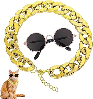 Anseom Cat Sonnenbrille Goldkette Kostümdekorationen UV-Schutz Brille für Katzen Klassische Sonnenbrille Verstellbare Kette Cosplay Kostüm Coole Foto Requisiten (1 schwarzes Glas + 1 Goldkette) product image