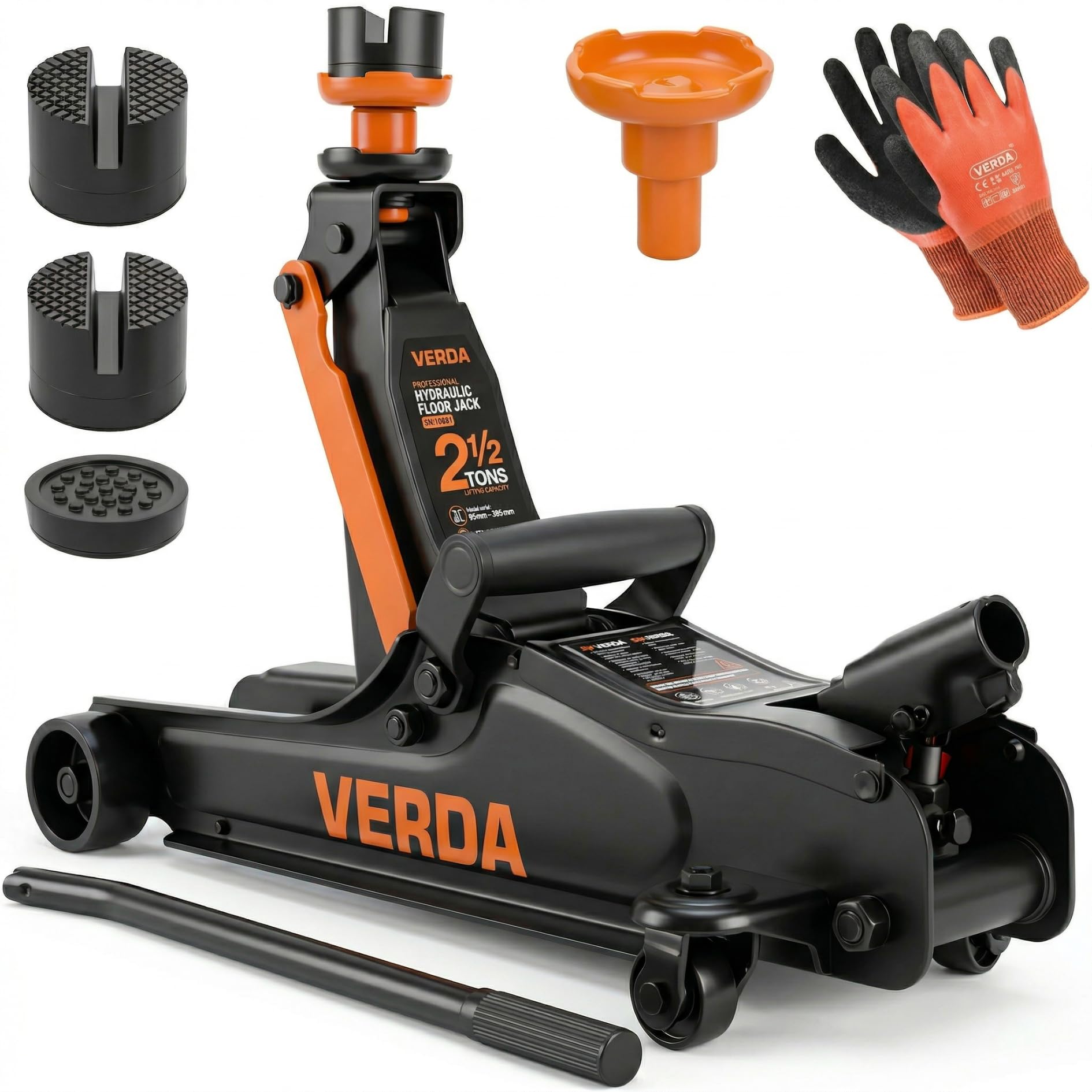 Verda Hydraulischer Wagenheber 2,5T, 85-365 mm, 3X Gummi, robuster Handgriff, Rangierwagenheber PKW, Profi, Ständer, Flache, Wohnmobil, Geländewagen, Heber, Arbeitshandschuhe, Autoheber