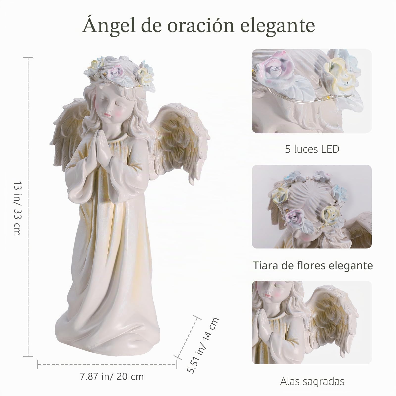 Estatua de Ángel en Oración, Figurita Decorativa de Ángel para Jardín con Luz Cálida Energía Solar, Escultura para Césped Patio Puerta, Decoración al Aire Libre Fiesta Navidad, Blanco