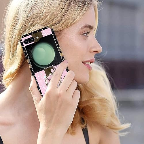 Miniatura 6 de B-wishy Funda de TPU para Samsung Galaxy Z Flip 5 con soporte de anillo, remache cuadrado para niñas y mujeres, cristal antigolpes, delgada, a