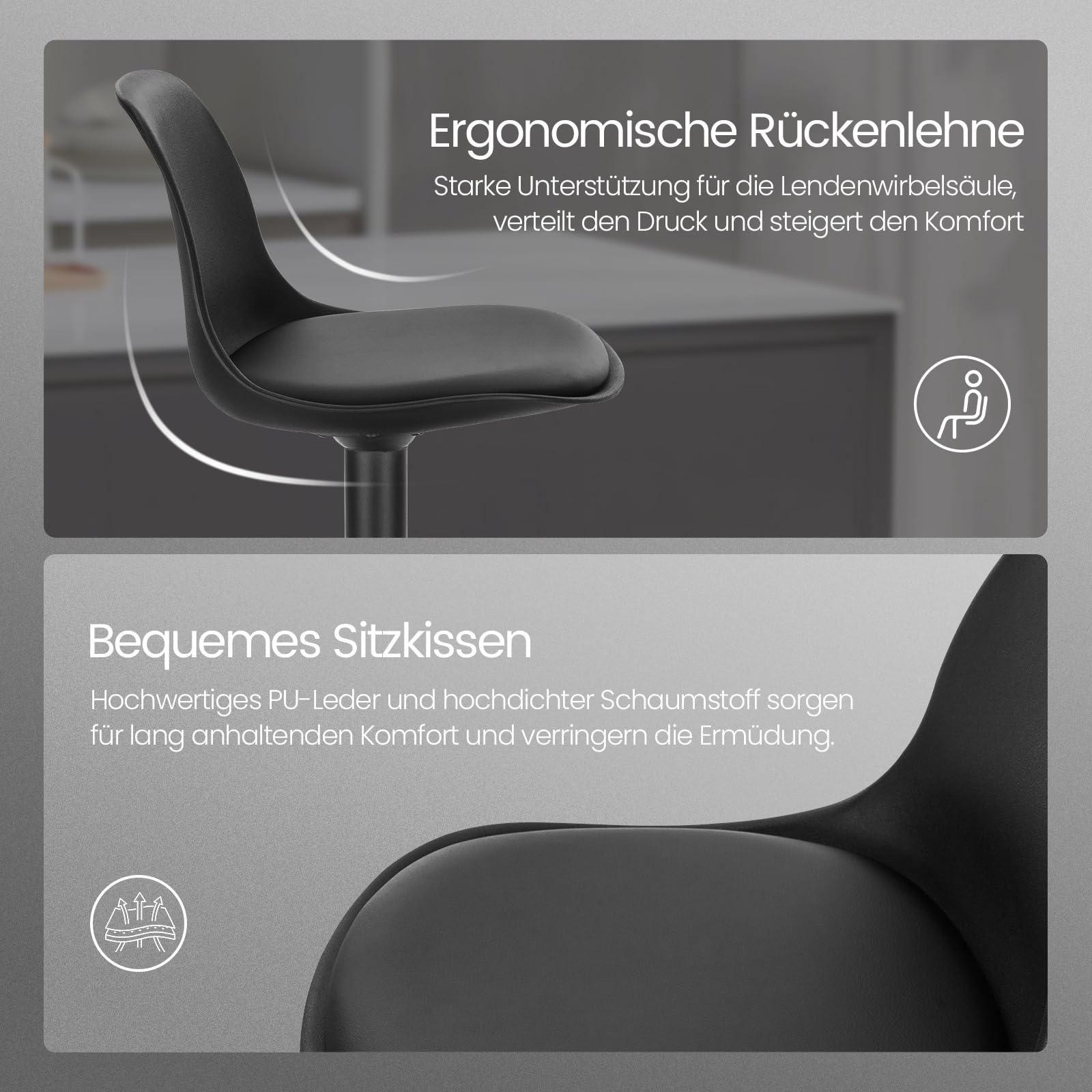 EUGAD Barhocker 2er Set, für Bar Küchen & Esszimmer, 360° drehbarer höhenverstellbar, Barstuhl mit Rückenlehne Fußstütze, aus PU, Schwarz