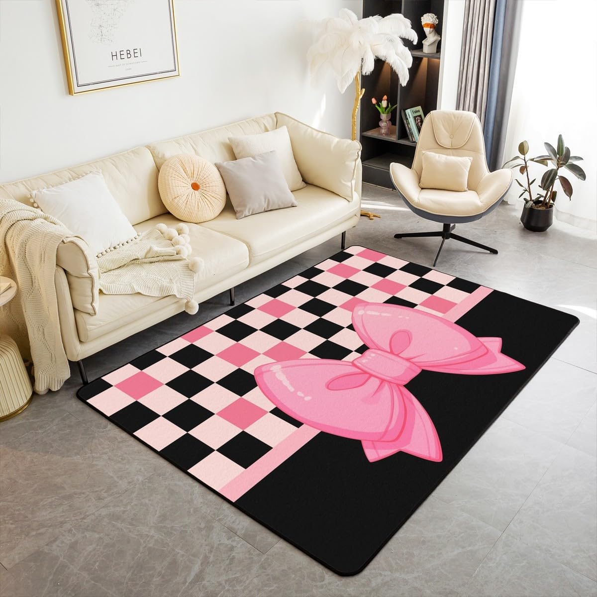 Cartoon Bowknot 3'x5' Ultra Soft Rugs,Kawaii Bow-tie Princess Style Non-Slip Rugs for Playroom Bedroom Decor,Pink Black Cute Bow Geometric Grids Lines Patchwork Indoor Mat Rug for Kids Teens