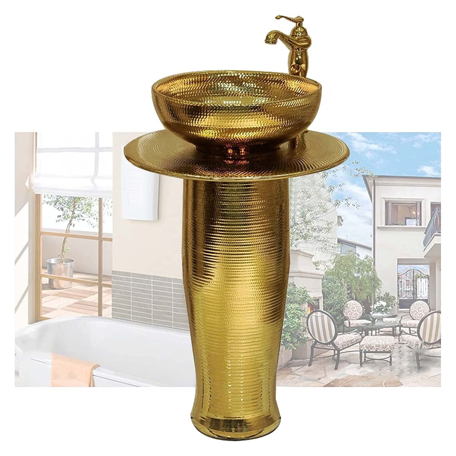 WDSOPK Freestanding Pedestal Sink Hotel Art Basin, Modern Ceramic Bathroom Basin Sink, Gold Cylindrical Hand Wash for Indoor and Outdoor