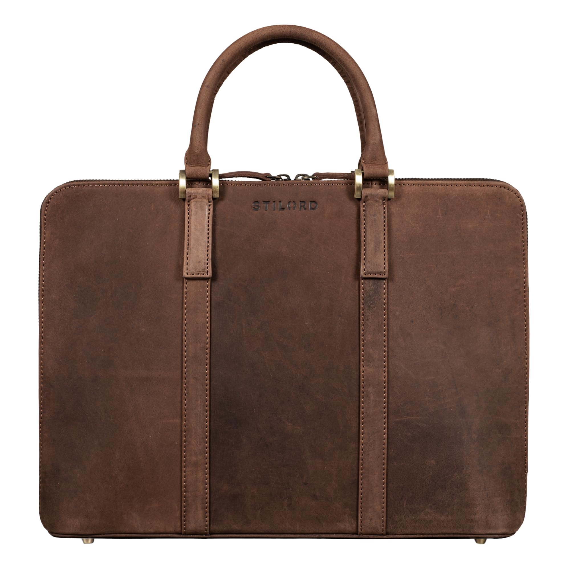 STILORD "Leonora Schmale Aktentasche Damen Leder Dokumententasche A4 - Elegante Büro Tasche 15,6-16 Zoll Laptoptasche Echtleder mit Standfüßen für Arbeit & Uni Farbe:aneto - braun