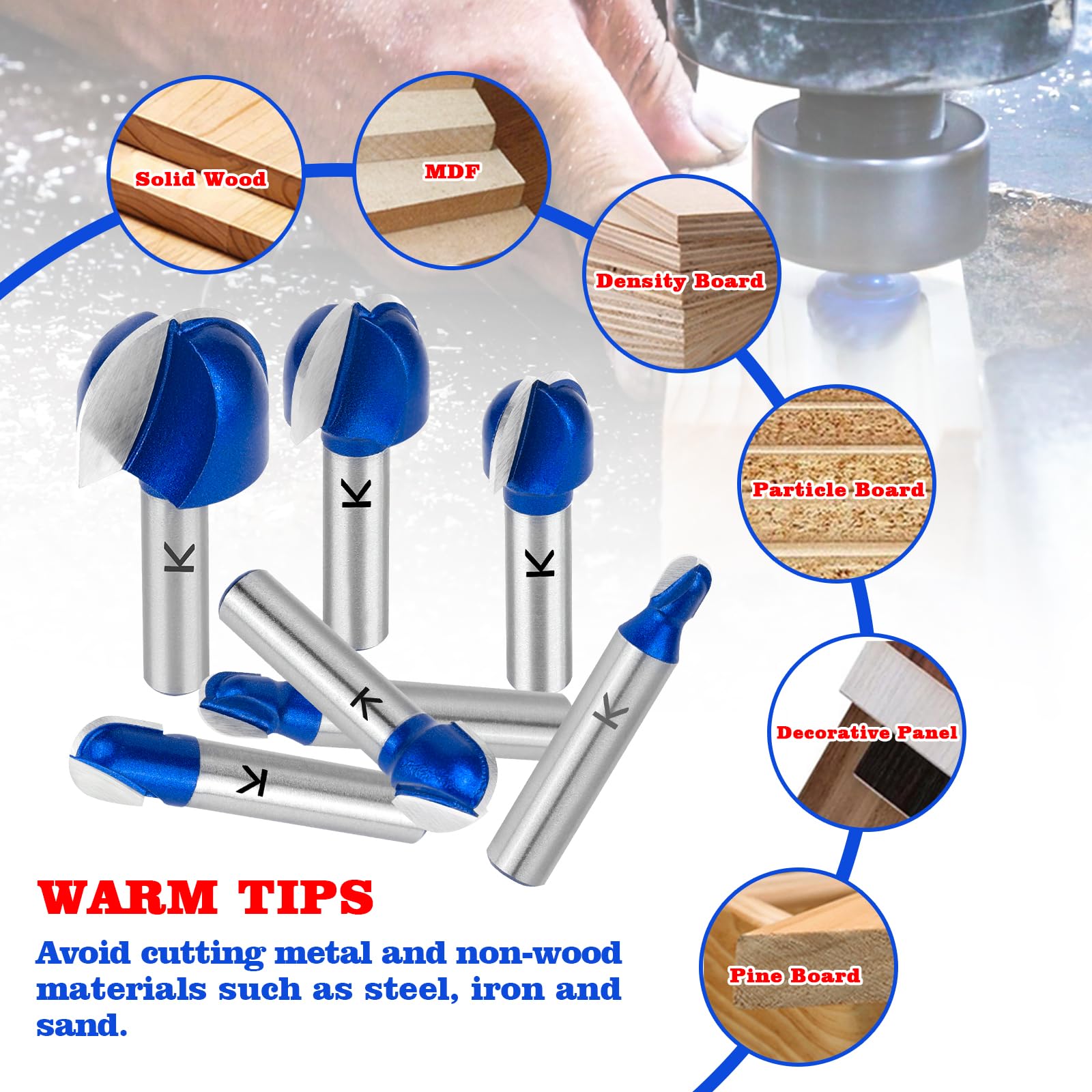 ASNOMY 7Pcs Profesional Fresas de punta redonda para Madera, 6/8/10/12/16/20/25,4 mm Redondo Nose Cove Core Box Router Bit, fresa para madera Set para el Hogar y Bricolaje