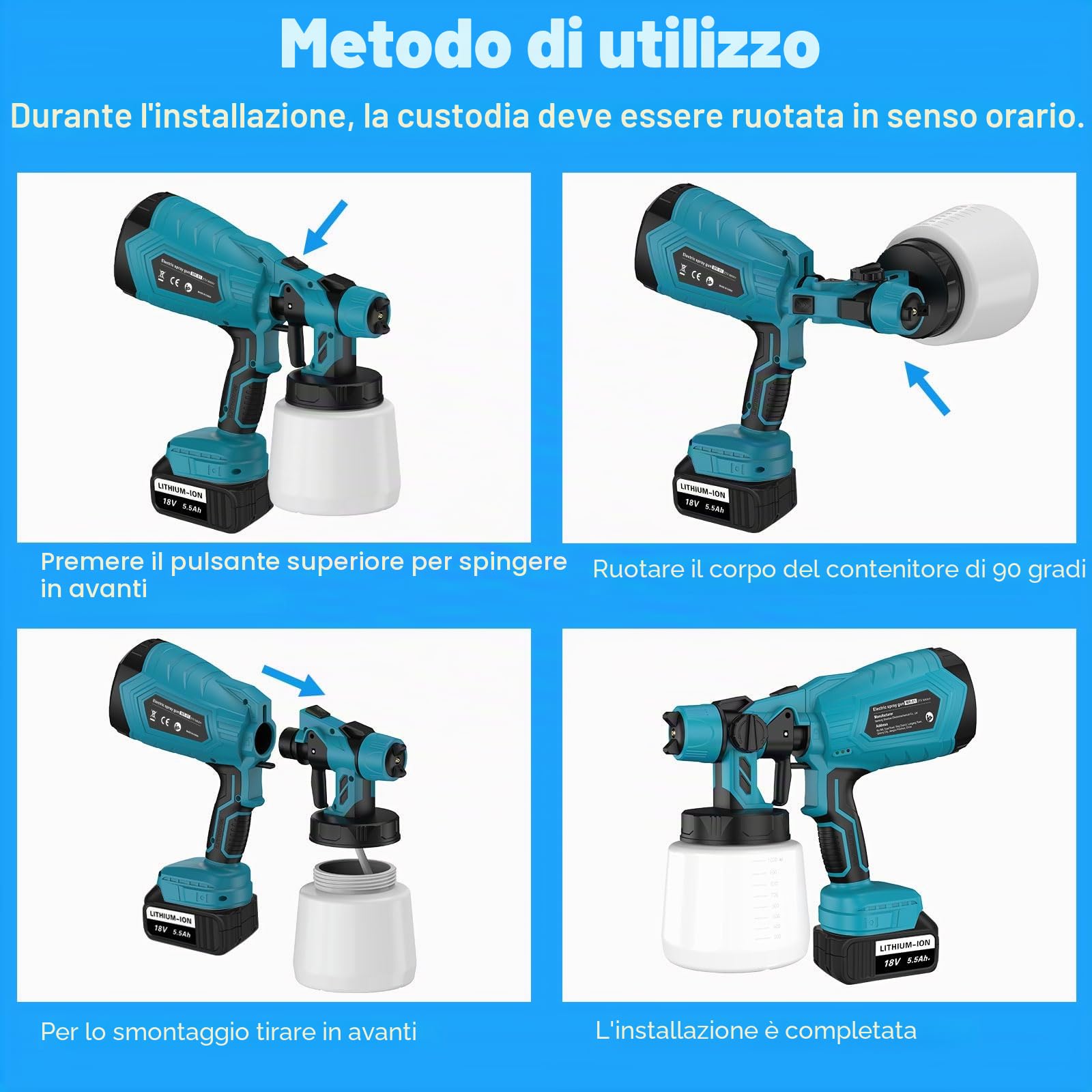 Sistema di verniciatura a batteria ASUNCELL con 2X batterie da 5500mAh, pistola elettrica per verniciatura con contenitore grande da 1000ml, dispositivo per verniciatura a spruzzo per dipingere pareti