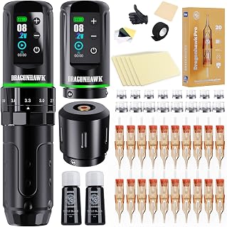 Dragonhawk L3 Tattoo Kit, Cordless/Cord Complete Tattoo Gun Kit Pen Machine, 7 Strokes Length, 2 Batteries 2,000mAh Power Supply with Extra Battery Rca Jack Part, 5 Practice Skins for Beginner