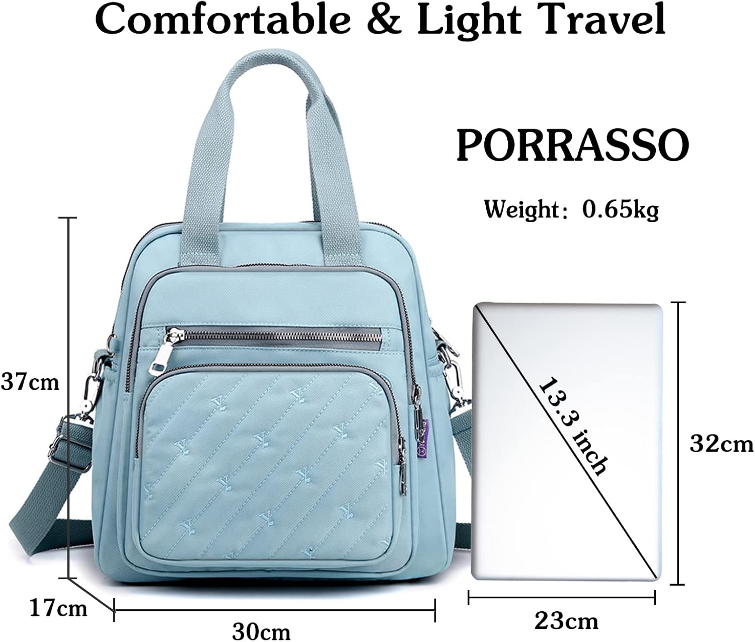 PORRASSO Backpack Fashion Shoulder Bag Women Handbag Rucksack Daypack Nylon Crossbody Bag for Work Travel Daily Use Blue - Image 3
