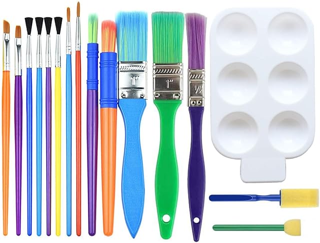 Luoluo Childrens Paint Brushes, 15 Pack Paint Brushes Set Kid Starter Kit with 1 Color Palette for Watercolor, Oil, Acrylic, Crafts, Rock, Face painting, Sponge Paint Brushes for Kids