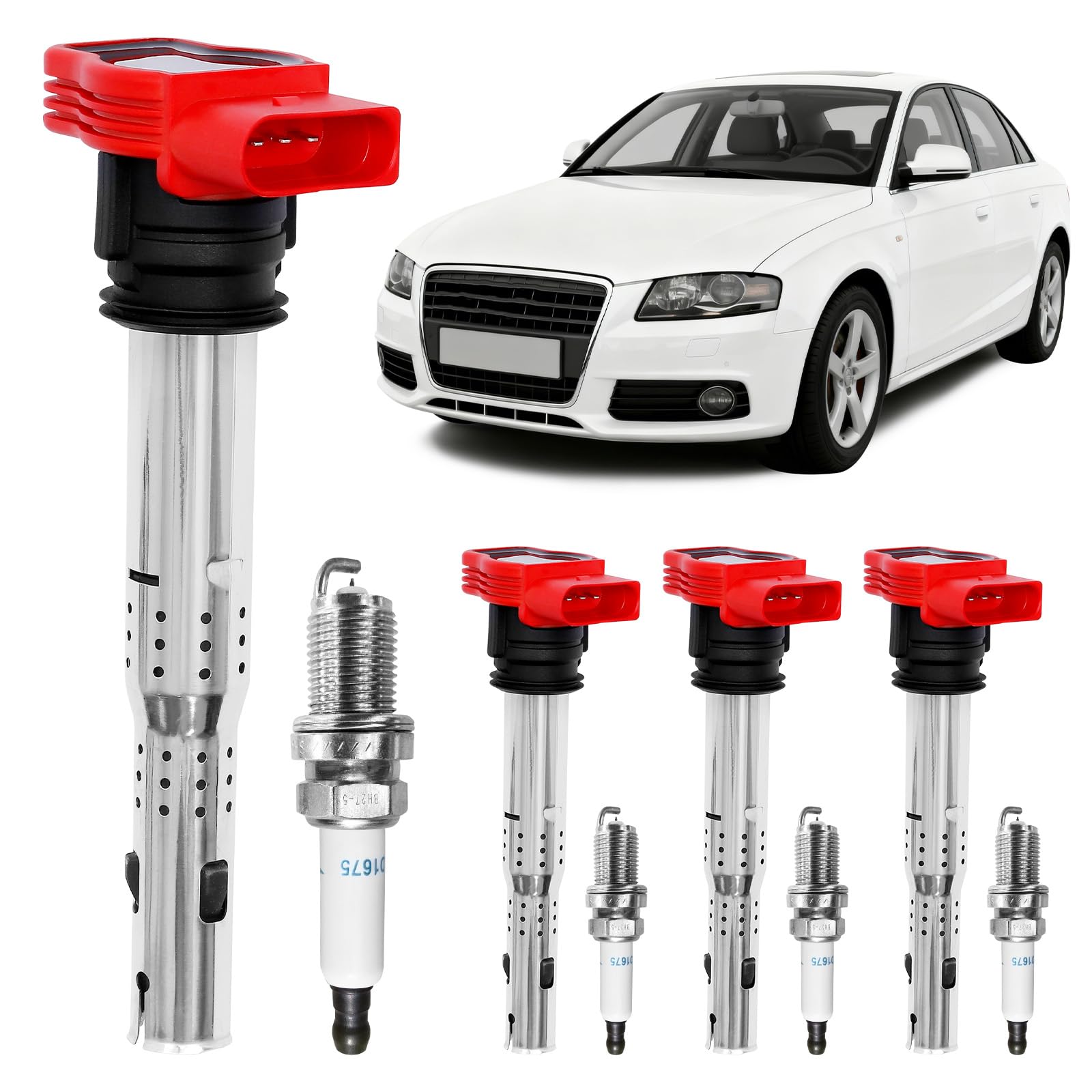HQPASFY Ignition Coil Pack & Spark Plugs Set of 4 Compatible with Audi A4 A5 TT Volkswagen CC Tiguan & More 2.0L 2.0T Replaces# 06E905115E, UF529, 06E905115A, 06E905115C
