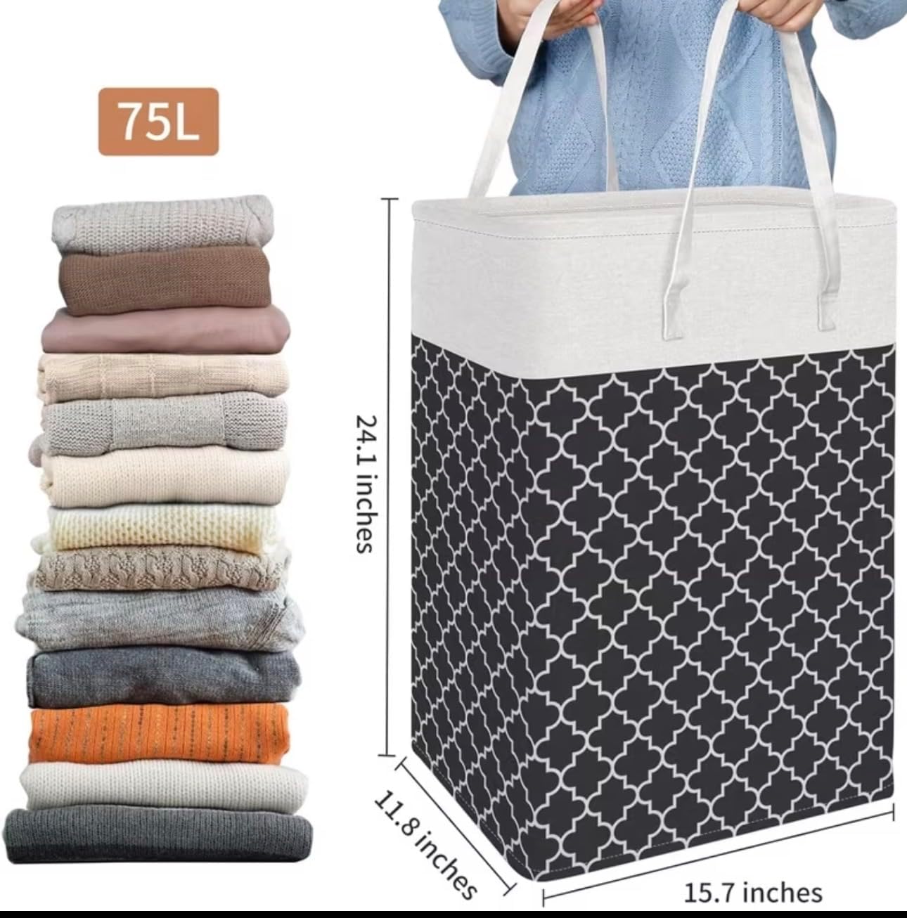 Large Foldable Laundry Basket with Handles, 75L Collapsible Fabric Hamper, Black Quatrefoil, 3 Pack, 24.1x15.7x11.8 Inch