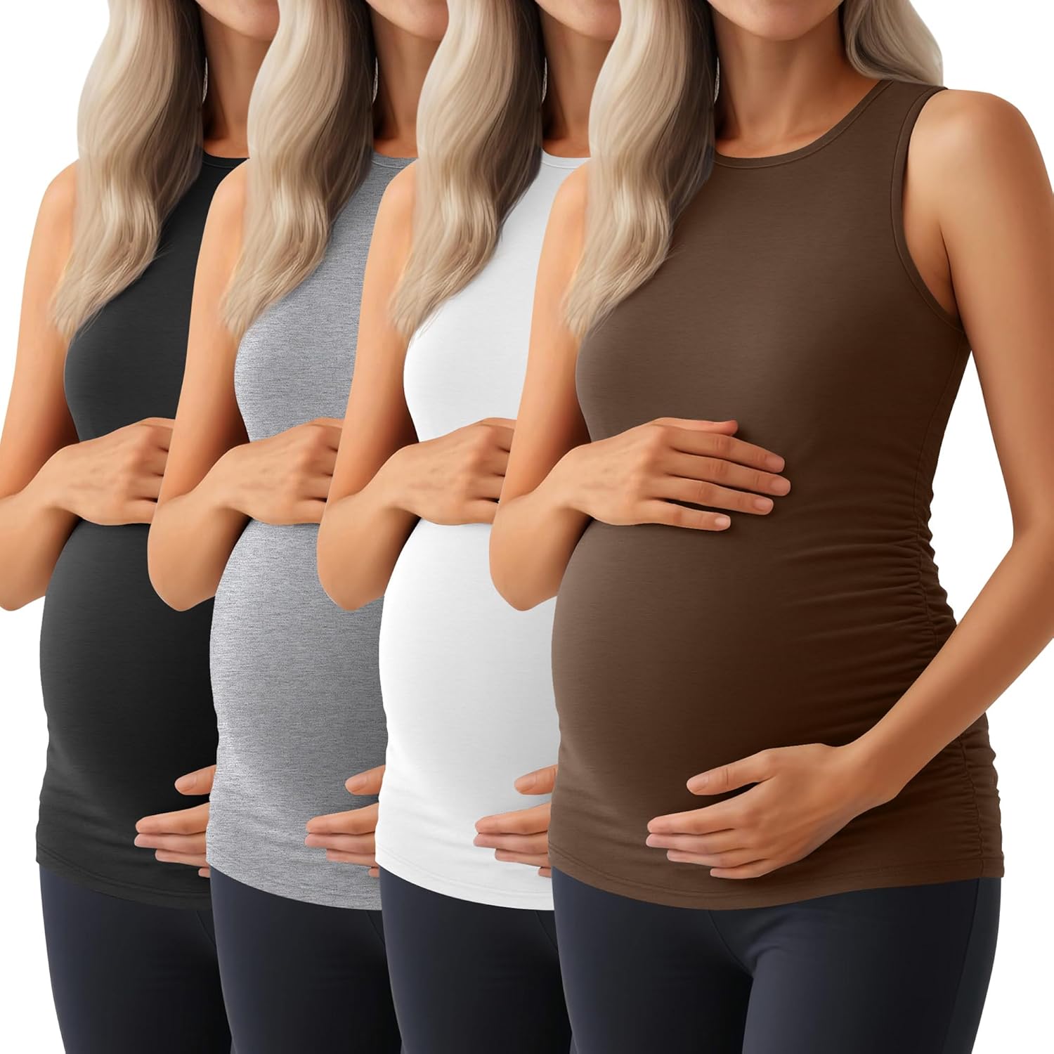 Ficerd 4 Pack Women's Maternity Tank Tops, Side Ruched Sleeveless Pregnancy Shirts Summer Comfy Round Neck Maternity Vest Tee
