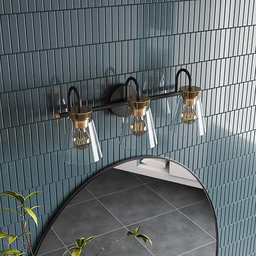 Miniatura 3 de Modernas lámparas de tocador de baño de 3 luces, apliques de pared de baño negro mate con pantalla de vidrio transparente, lámpara de pared de