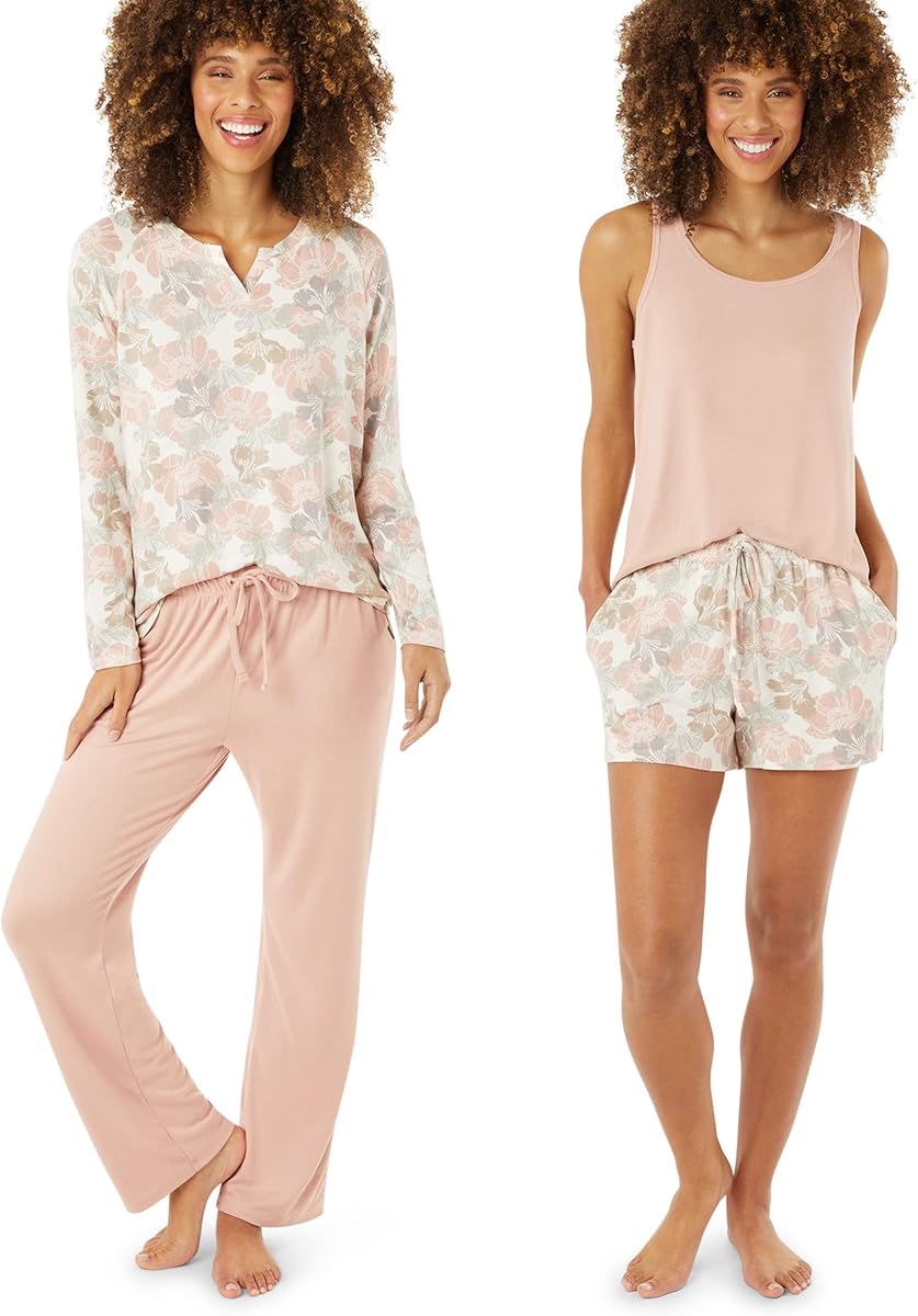 Eddie Bauer Conjunto de pijama para mujer de 4 piezas - Conjunto de pijama de manga larga y jogger para mujer - Conjunto de pijama para mujer pantalones cortos y top con cuello redondo
