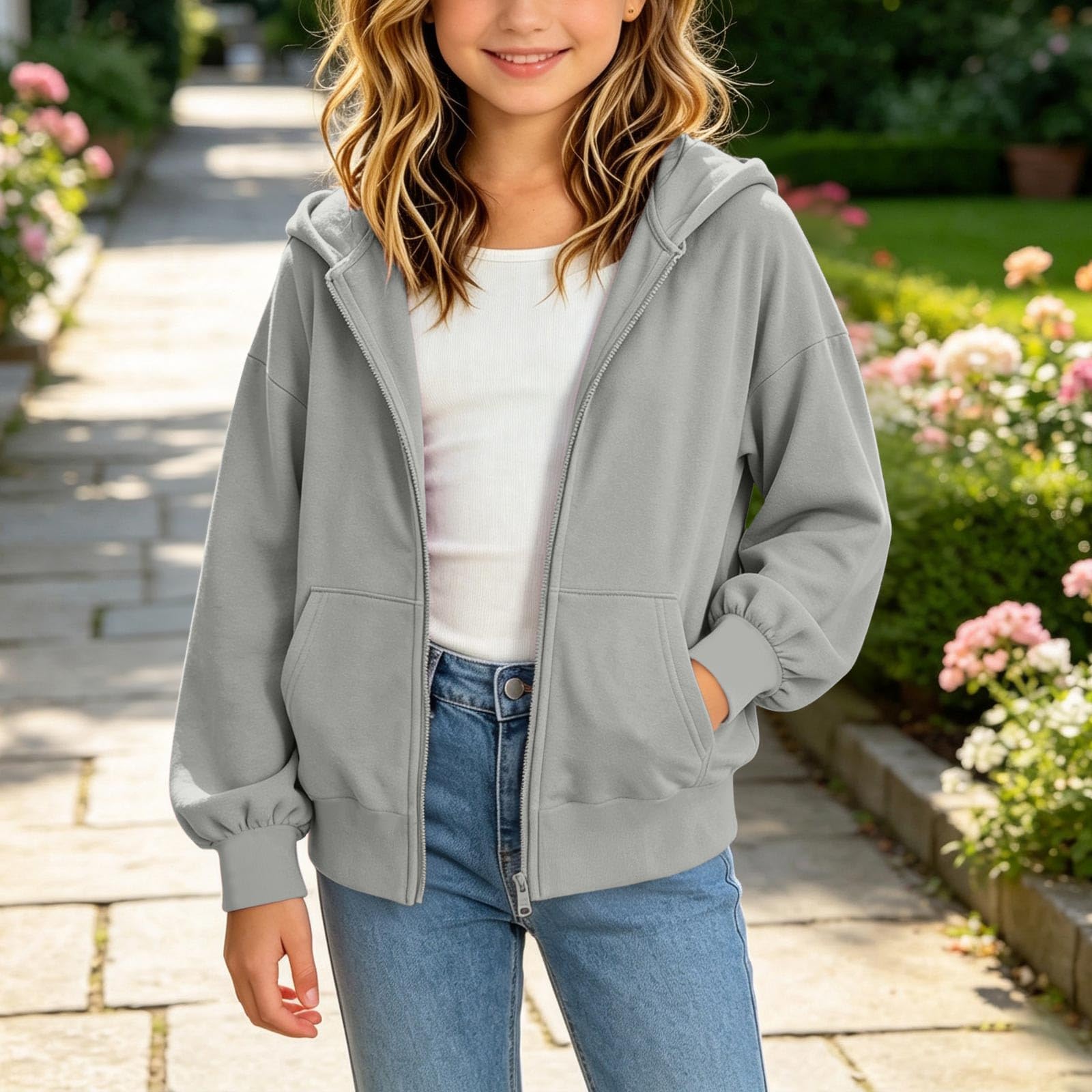 Hoodie Ragazza Con Zip E Tasca Felpata Felpa Con Cappuccio Bambina Comoda