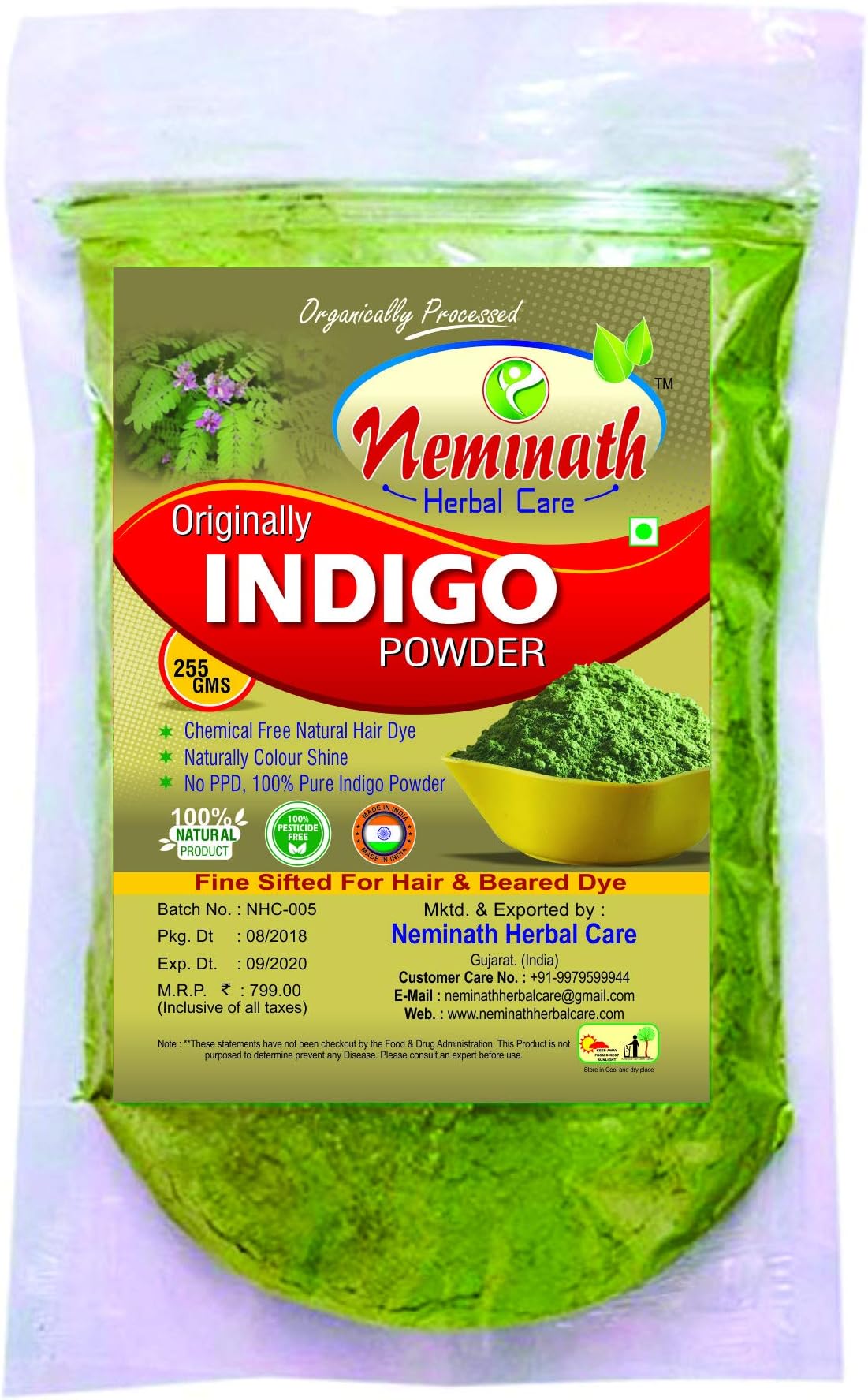 neminath herbal careOrganic Indigo Powder for Hair, Beard - Black (255gm)