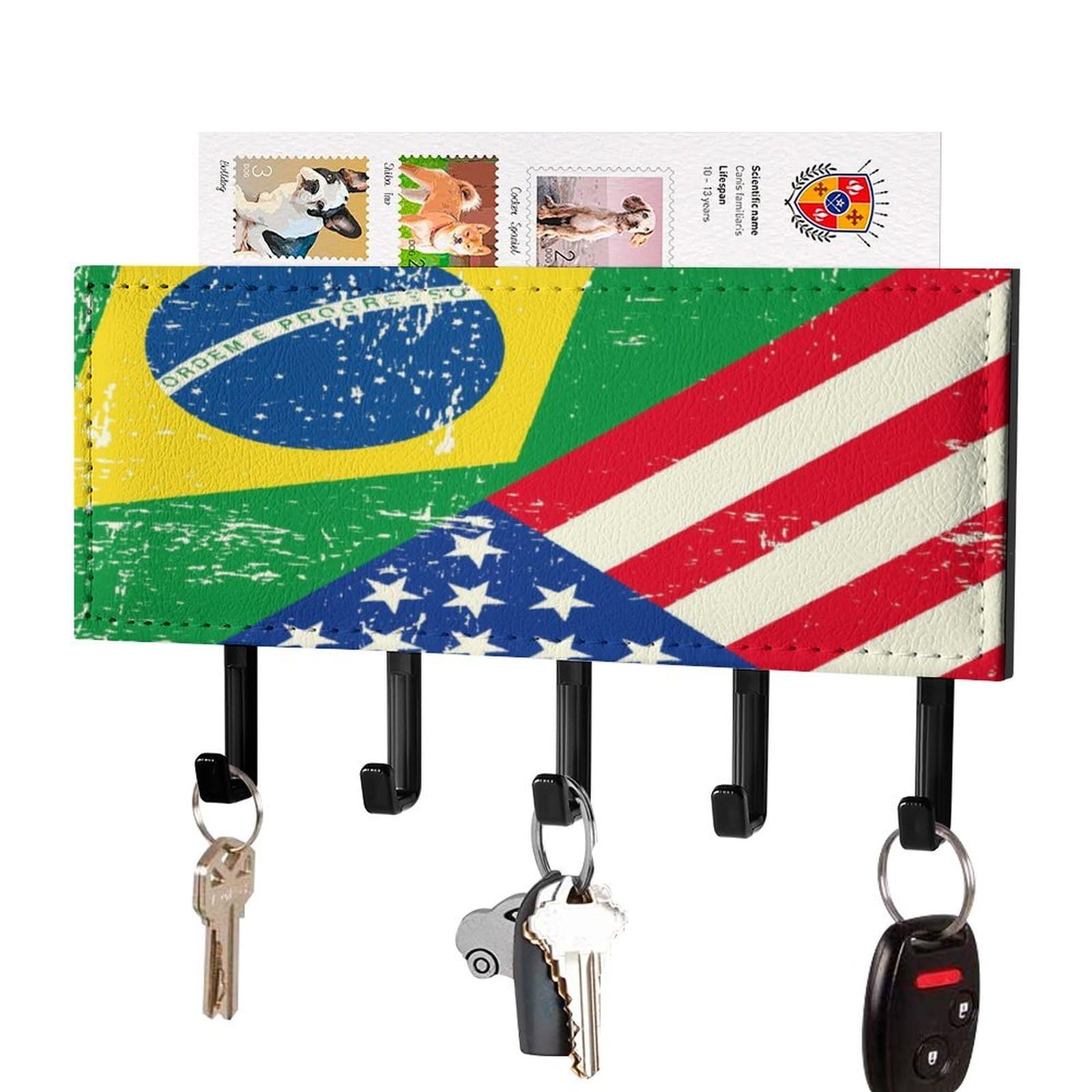 NCLQVJXZKHW Am-ericans-and Brazil Flag Key Holder with 5 Hooks Key Hooks Wall Mounted Key Racks Key Hanger Organiser Shelf