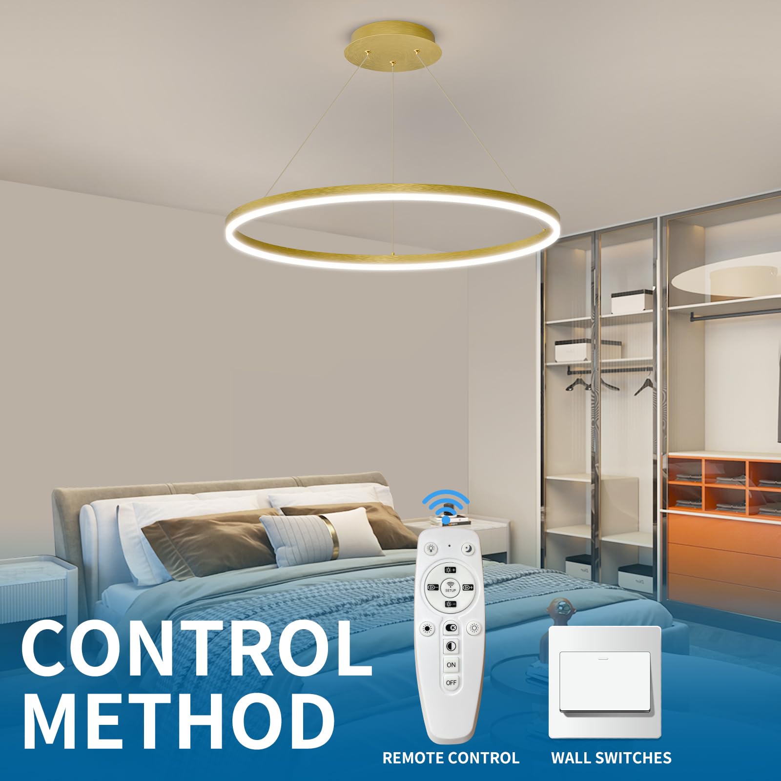 Mikeru Lampadario LED Oro 40cm, Lampada Sospensione Lineare 3000k/4500k/6500k Telecomando dal 10% al 100% Lampadario LED Soffitto Moderno Nero con Funzione di Memoria per Camere da Letto