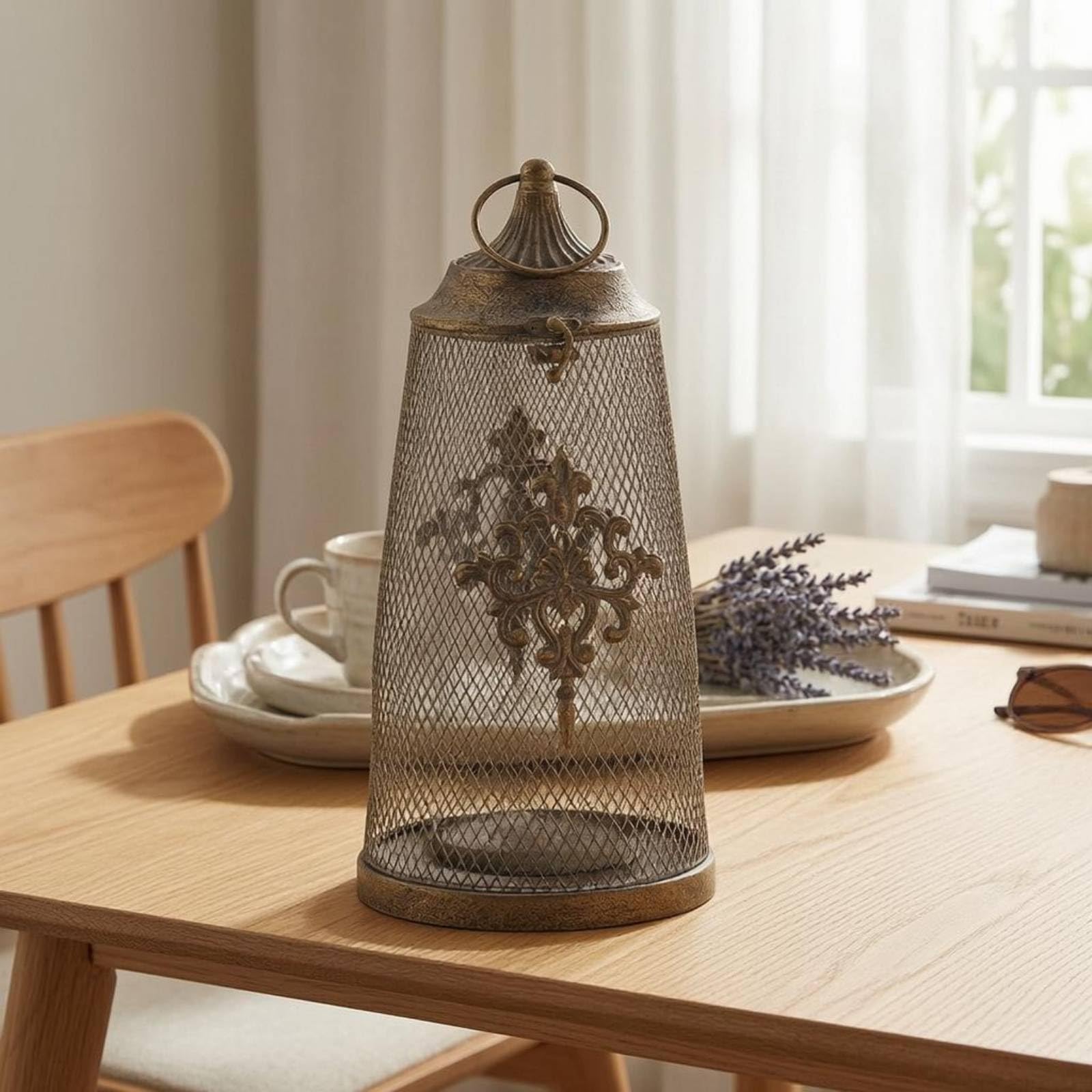 Vintage Kerzenhalter Laterne Metall Glas Antik Dekoratives Wohnaccessoire Stilvolles Ambiente für Schlafzimmer Flur Wohnzimmer, Hoch