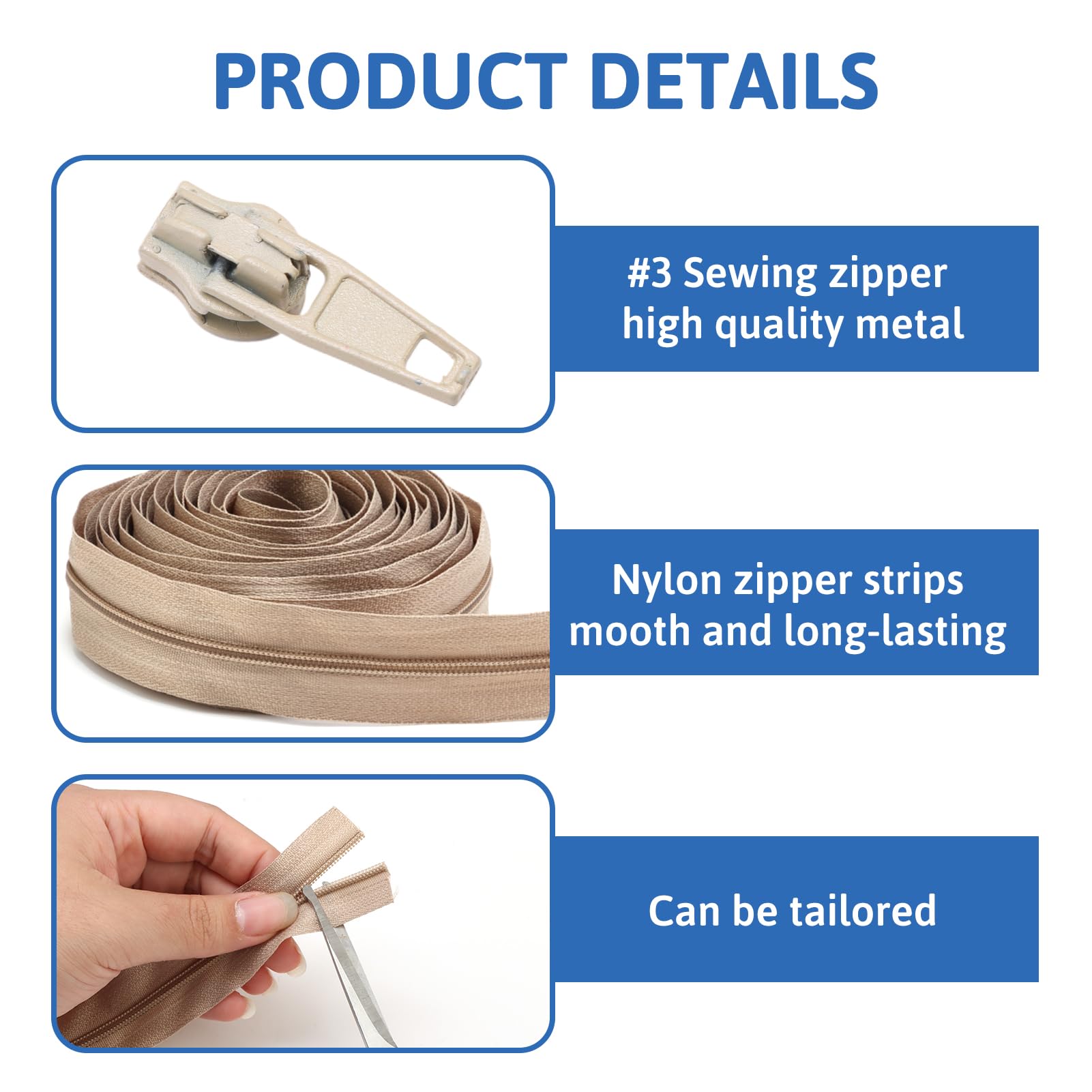 Zips For Sewing, Continuous Zip Repair 5m Beige Zipper Size 3