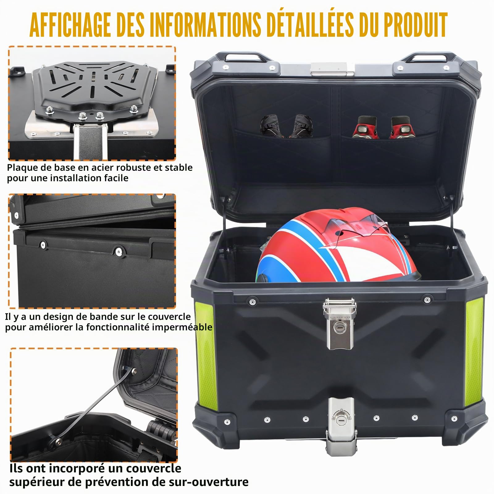 Topcase Mallette arrière universelle en alliage d'aluminium avec doublure en cuir, étui supérieur amovible imperméable pour moto avec dossier et kit de montage