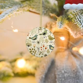 Yellow Leaves Chicken Christmas Round Shaped Ornaments, Double-Side Ceramic Xmas Tree Hanging Ornament with Gold String Personalized Porcelain 2025 Christmas Pendent for New Year Holiday Decoration