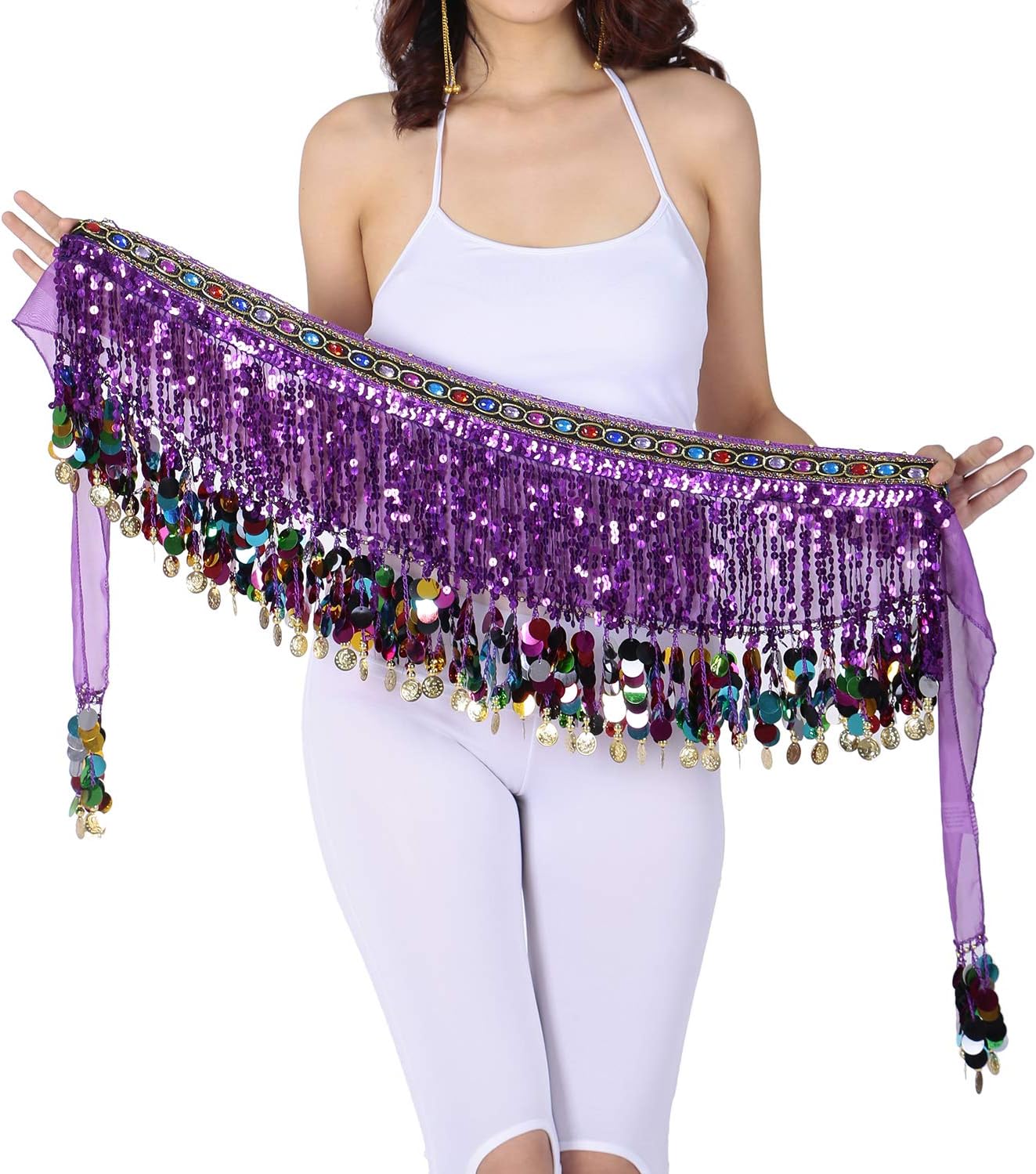 Beaded Belly Dance Hip Scarf Sequin Fringe Chiffon Skirt Wrap Waist Belt