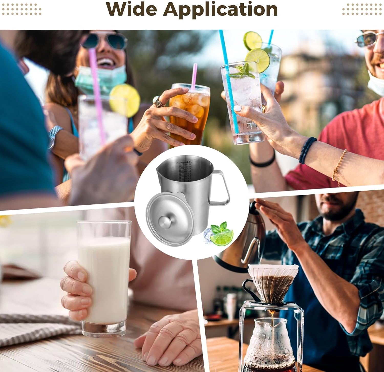 2 Pcs Stainless Steel Pitchers with Lids, 70 oz Measuring Cups with Dual-Scale Markings, Milk Frothing Jugs, Large Beakers for Espresso Machine, Hot/Cold Water, Latte Art, Iced Tea