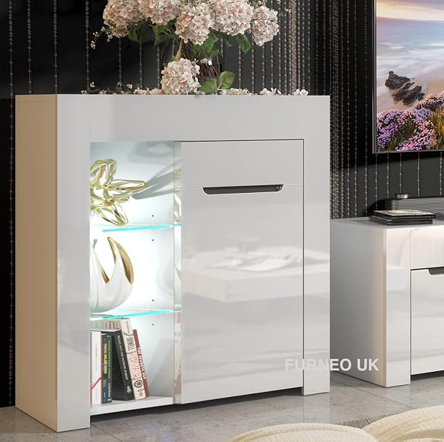 Furneo Matt & High Gloss White Cabinet Cupboard Sideboard Unit Milano 10 White LED Light