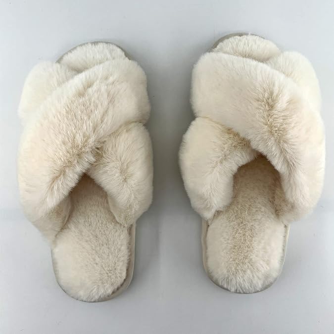FHQHTH Women Soft Plush Lightweight House Slippers Fuzzy Cross Band Slip on Open Toe Cozy Indoor Outdoor Faux Fur Slippers