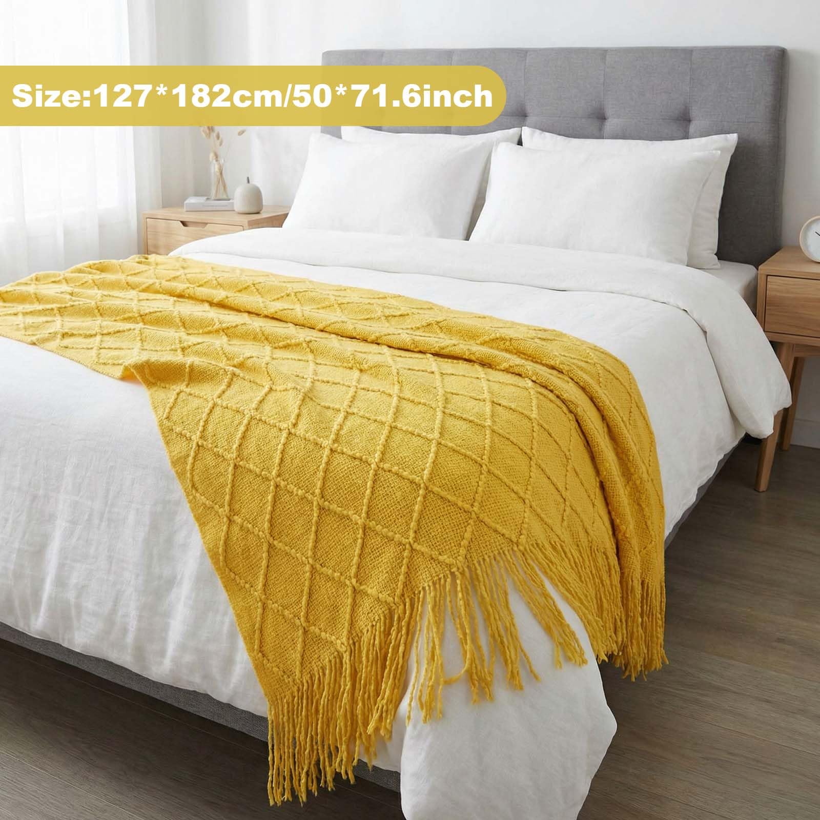 Koc z dzianiny z frędzlami, kanapa do łóżka afgańskiego, jednolity kolor ciepły pled dzianinowy koc narzuta nadaje się do łóżka lub sofy, 130 x 180 cm (kurkuma)