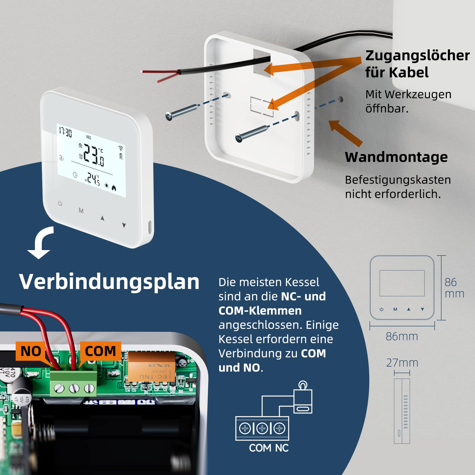 Beok WiFi Thermostat Für Gaskessel, Tuya Smart Raumthermostat Thermostate Heizung Digital LCD-Anzeige Kompatibel mit Alexa Google Assistant, Batteriebetrieben, Aufputz BOT-R5WW-WIFI Weiß